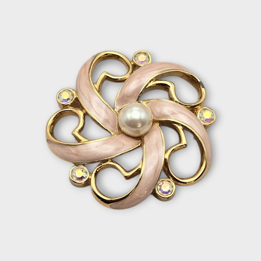 Trifari Vintage Pink Enamel & Faux Pearl Rhinestone Brooch - Soft Romance